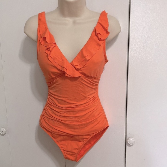 LAUREN RALPH LAUREN Orange Slimming Swimsuit  One Piece Ruffle Womens Size 6 - Picture 4 of 15